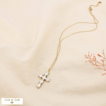 Collier acier inoxydable pendentif croix strass 0125506 doré