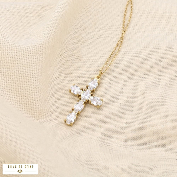 Collier acier inoxydable pendentif croix strass 0125506 doré