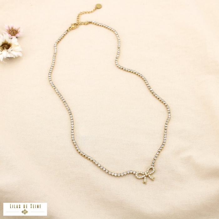 Collier acier inoxydable pendentif nœud strass 0125513 doré