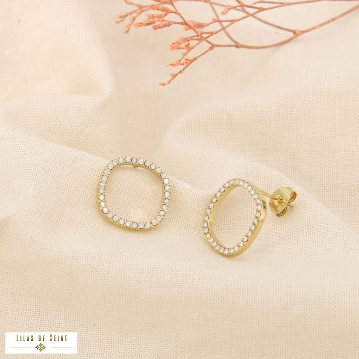 Boucles d’oreilles acier inox strass anneau carré 0325549 doré