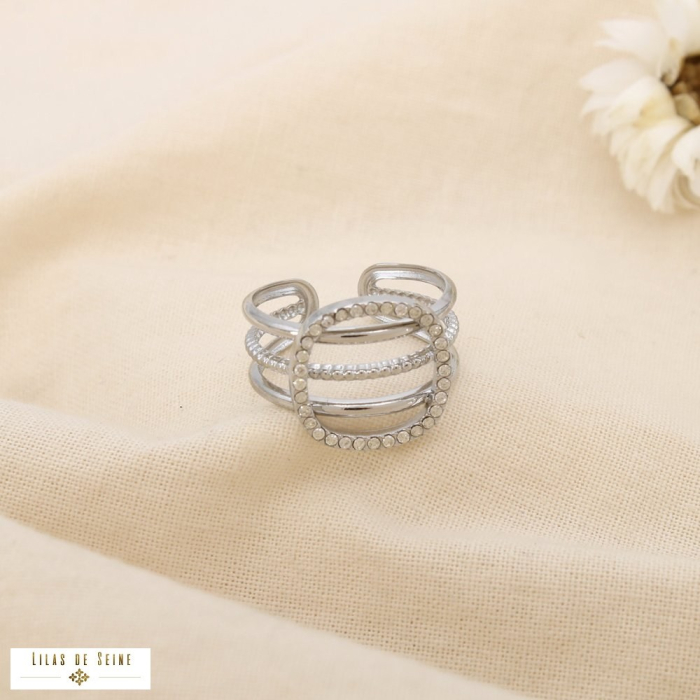 Bague multi-anneaux acier inox strass carré arrondi 0425518 argenté