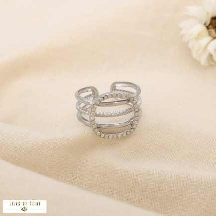 Bague multi-anneaux acier inox strass carré arrondi 0425518 argenté