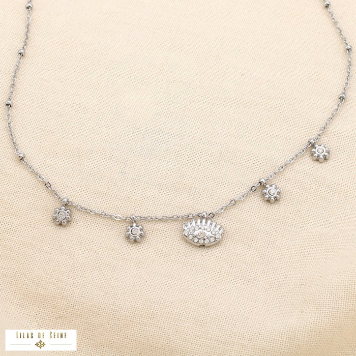 Collier acier inoxydable pampilles œil fleurs strass 0125562 argenté
