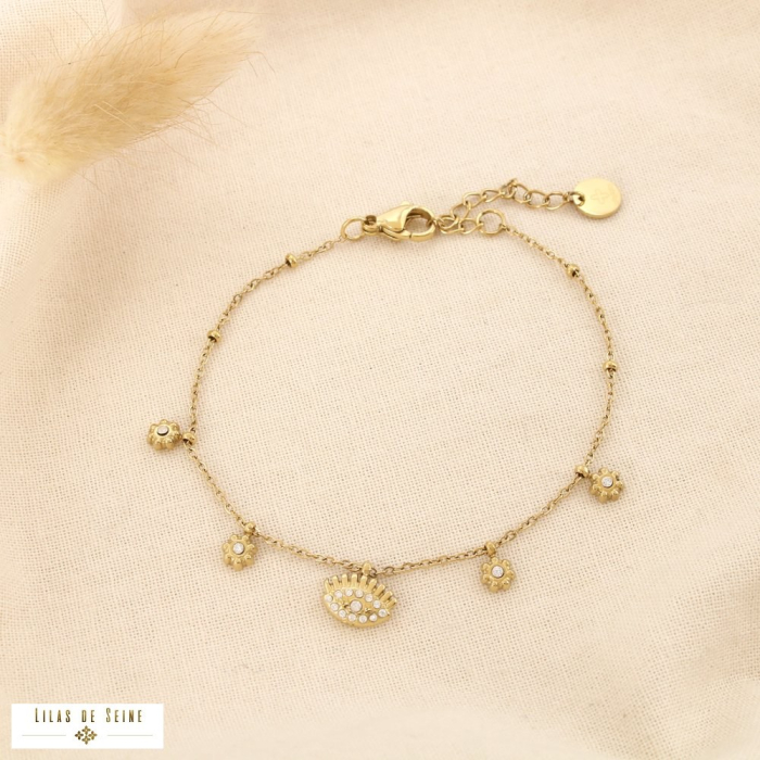 Bracelet acier inoxydable pampilles œil fleur strass 0225548 doré