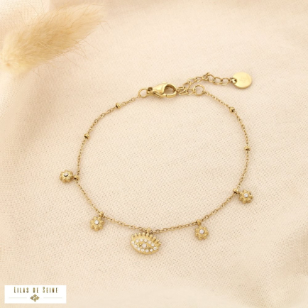 Bracelet acier inoxydable pampilles œil fleur strass 0225548 doré