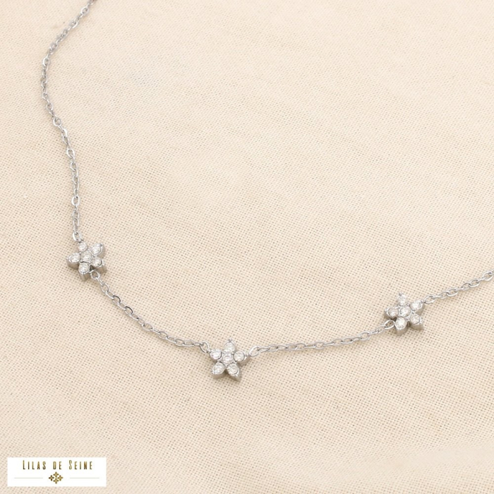 Collier acier inoxydable minimaliste fleur strass 0125564 argenté