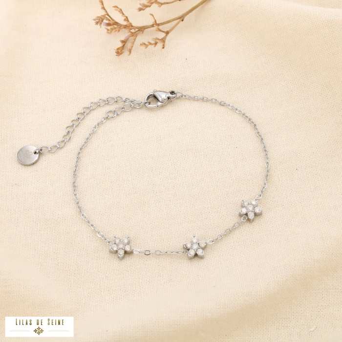 Bracelet acier inoxydable minimaliste fleur strass 0225550 argenté