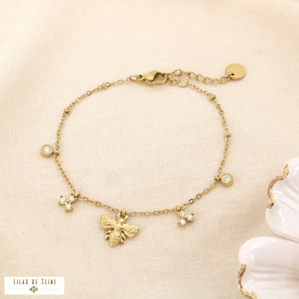 Bracelet acier inoxydable strass pampilles abeille 0225553 doré