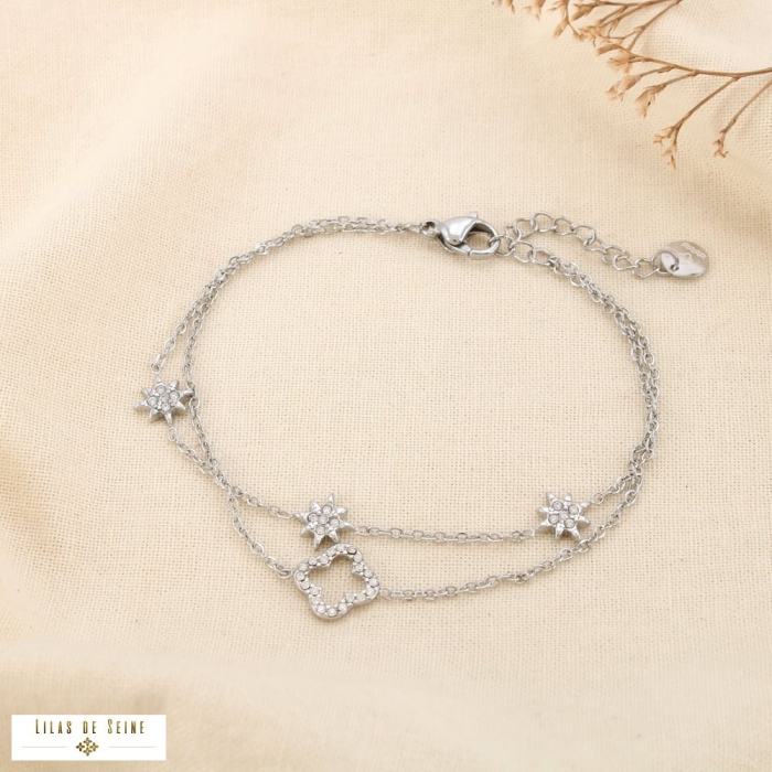 Bracelet acier strass double-rangs étoile trèfle 0225570 argenté