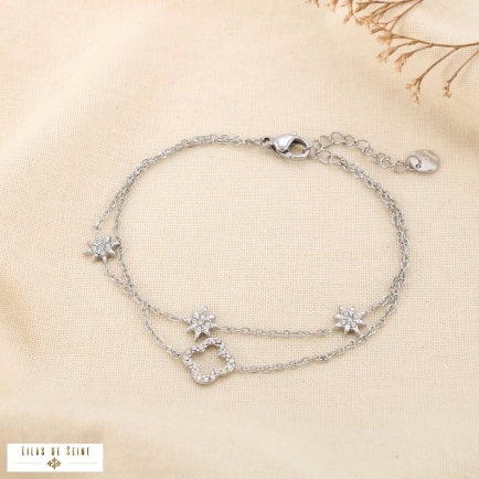 Bracelet acier strass double-rangs étoile trèfle 0225570 argenté