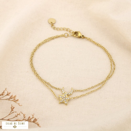 Bracelet acier strass double-rangs lune étoile 0225572 doré