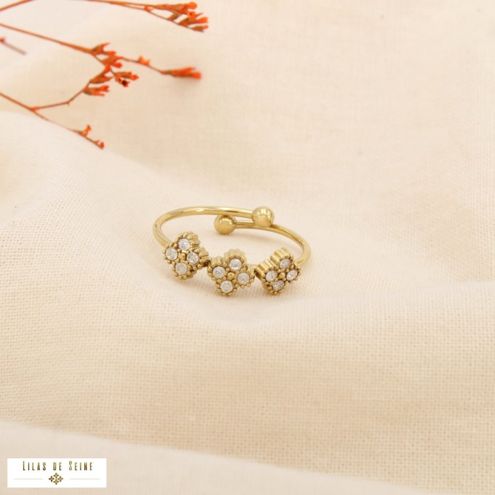 Bague ouverte acier inoxydable strass trèfle 0425522 doré