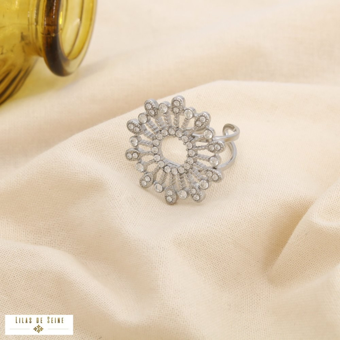 Bague acier inox strass ouverte soleil rayonnant 0425509 argenté
