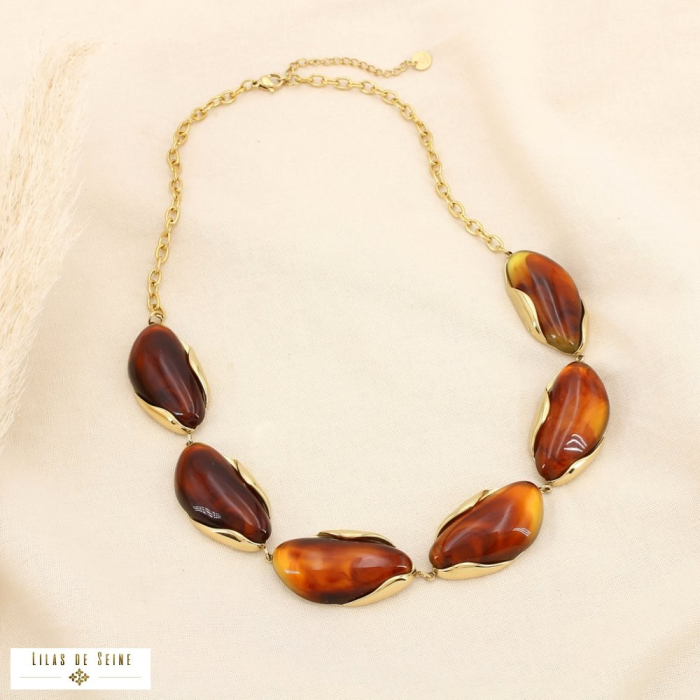 Collier acier inoxydable résine marbrée 0125594 cognac