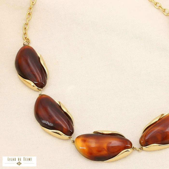 Collier acier inoxydable résine marbrée 0125594 cognac