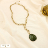 Collier acier chaîne gros maillons pendentif résine 0125598 vert