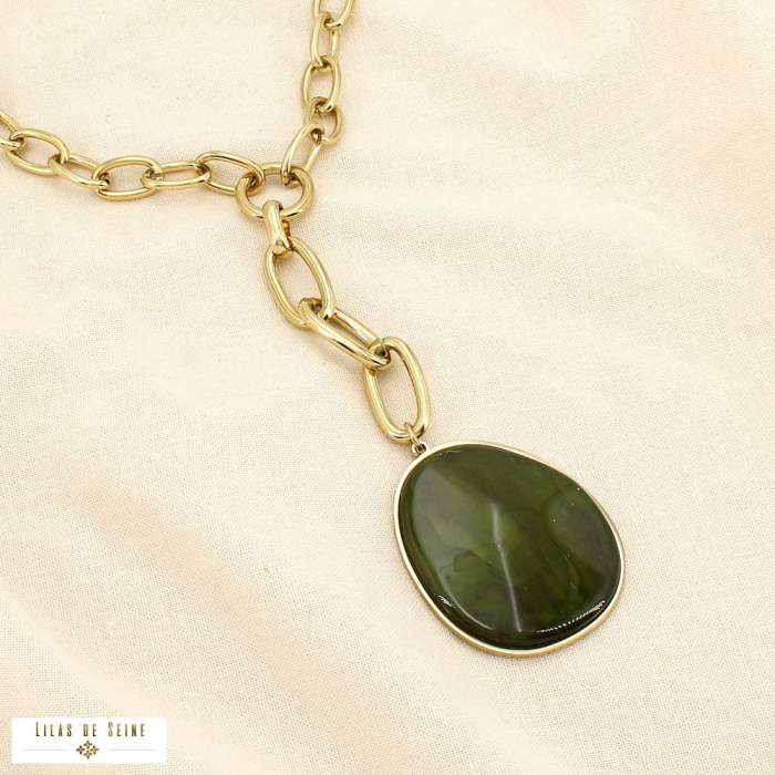 Collier acier chaîne gros maillons pendentif résine 0125598 vert