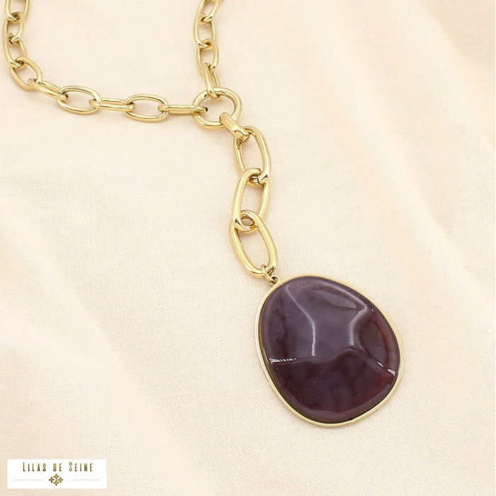 Collier acier chaîne gros maillons pendentif résine 0125598 gris foncé