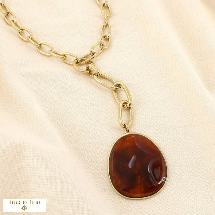 Collier acier chaîne gros maillons pendentif résine 0125598 cognac
