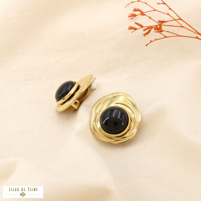 Boucles d’oreilles CLIP acier inox cabochon résine 0325618 noir