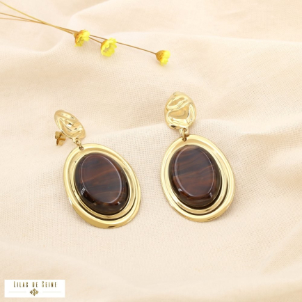 Boucles d’oreilles acier martelé résine ovale marbré 0325619 marron