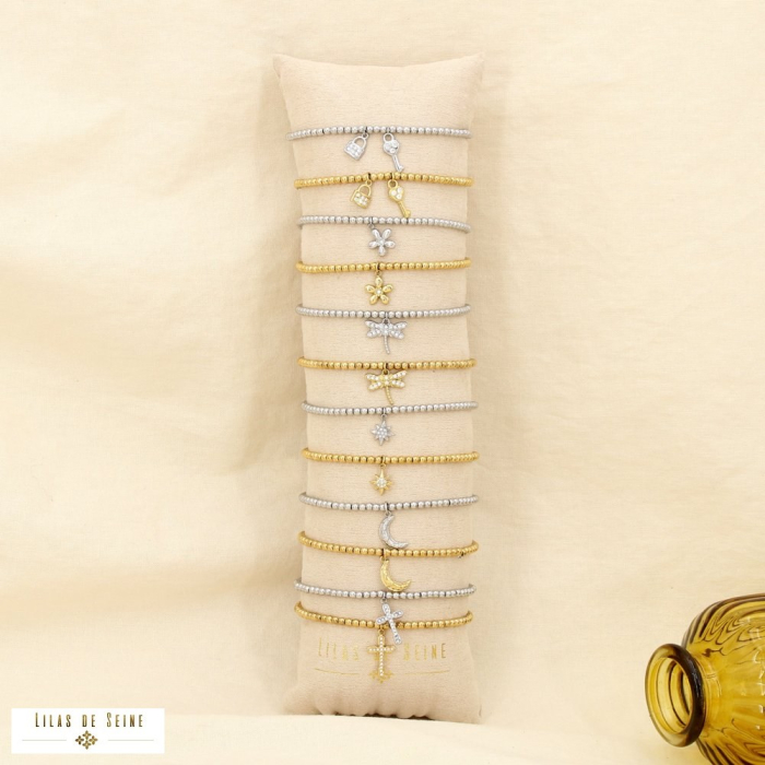 Ensemble 12 bracelets élastique billes acier strass 0125625 doré/argenté