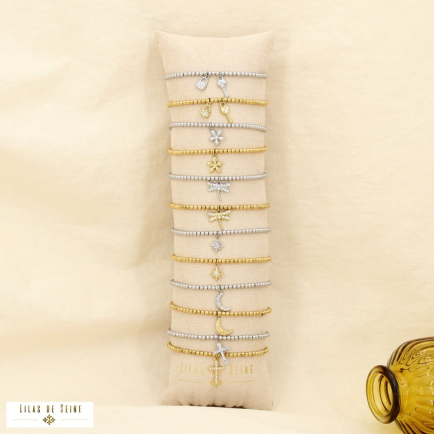 Ensemble 12 bracelets élastique billes acier strass 0125625 doré/argenté