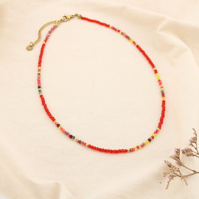 Collier acier inox cristal facetté minimaliste CCB 0125502 rouge