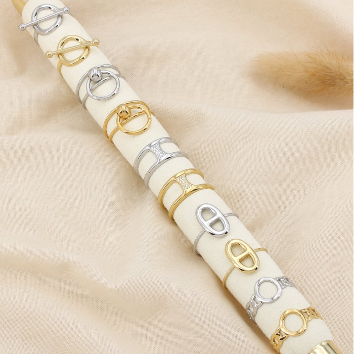 Ensemble 10 bagues réglable fines acier inox ajouré 0425545 doré/argenté