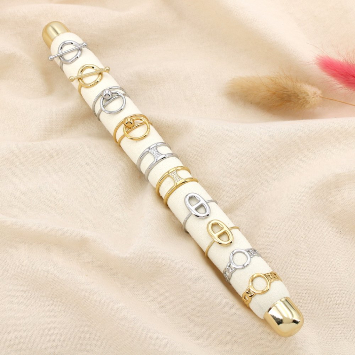 Ensemble 10 bagues réglable fines acier inox ajouré 0425545 doré/argenté