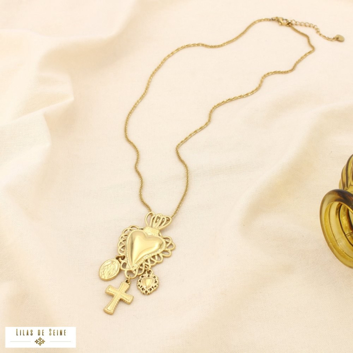 Collier acier inoxydable cœur croix Vierge Marie 0125596 doré