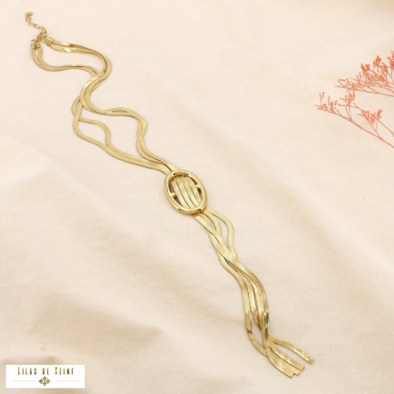 Collier double rangs polis acier pendentif anneau 0125603 doré