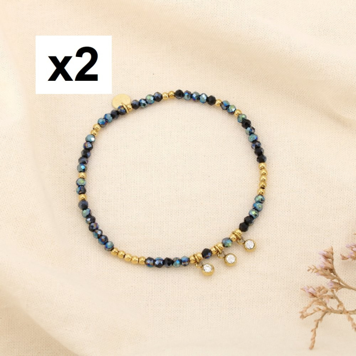 2 Bracelets fin élastique acier inox cristal strass 0225558 bleu foncé