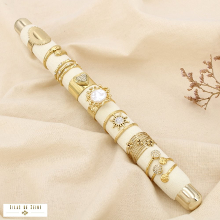 Ensemble 8 bagues acier strass perle acrylique 0425549 blanc