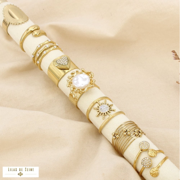 Ensemble 8 bagues acier strass perle acrylique 0425549 blanc