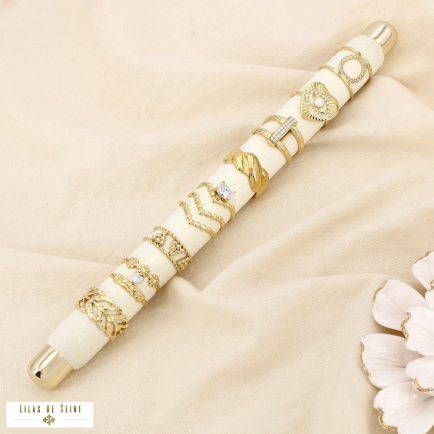 Ensemble 8 bagues acier strass pierre nuance blanche 0425552 doré