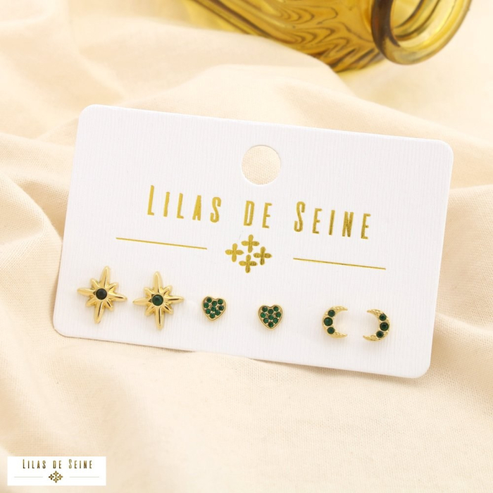 Set 3 boucles d'oreilles acier étoile cœur lune 0325555 vert
