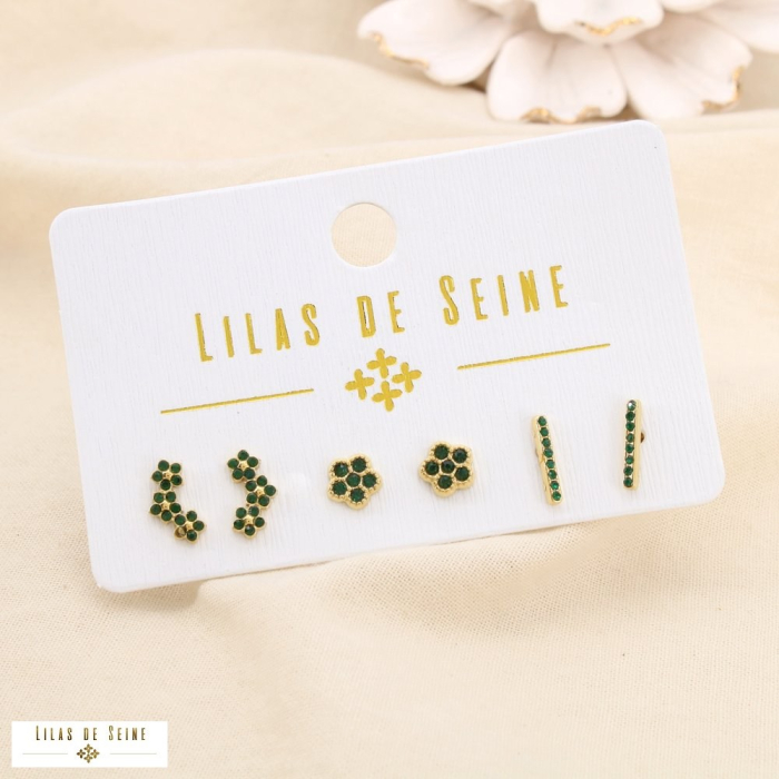 Set 3 boucles d'oreilles puces acier strass fleur 0325558 vert