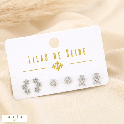 Set 3 boucles d'oreilles puces acier strass étoile 0325559 argenté