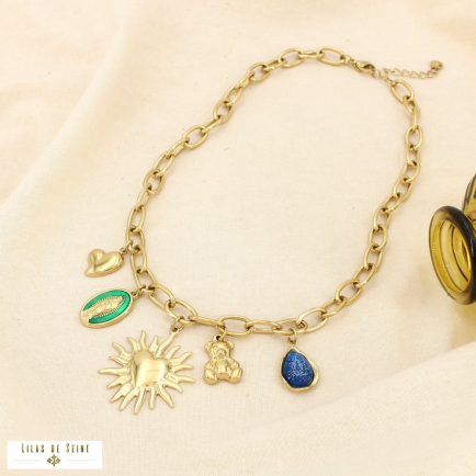 Collier acier cœur soleil Vierge Marie nounours 0125631 doré