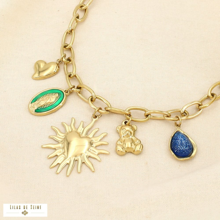 Collier acier cœur soleil Vierge Marie nounours 0125631 doré