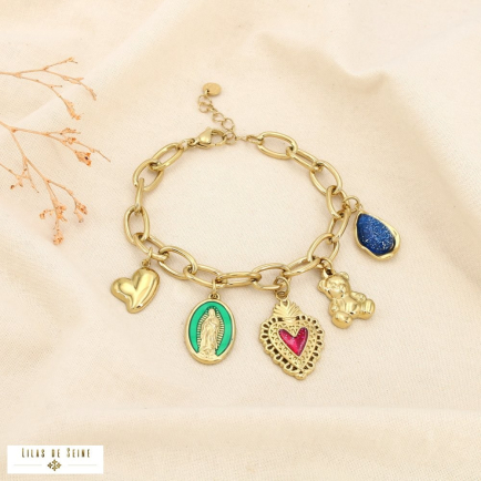 Bracelet acier cœur trèfle Vierge Marie nounours 0225622 doré