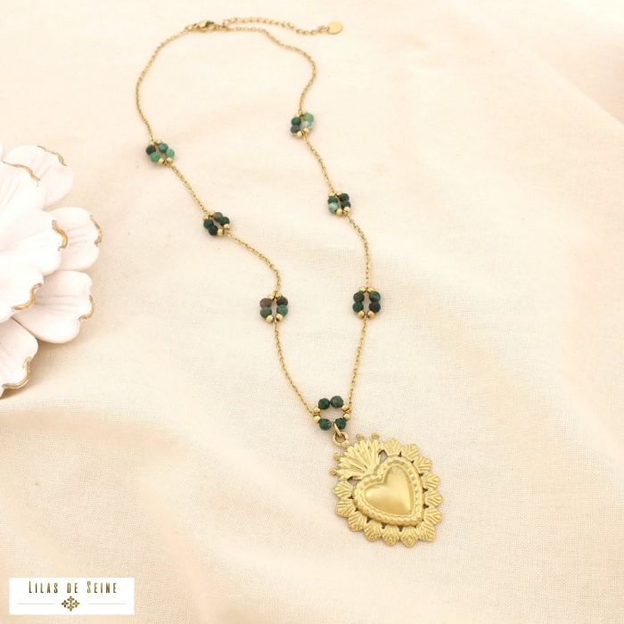 Collier acier inoxydable pierre pendentif cœur 0125609 vert