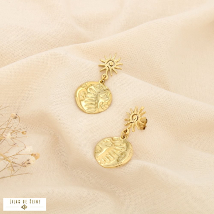 Boucles d’oreilles acier sculpté soleil lune visage 0325607 doré