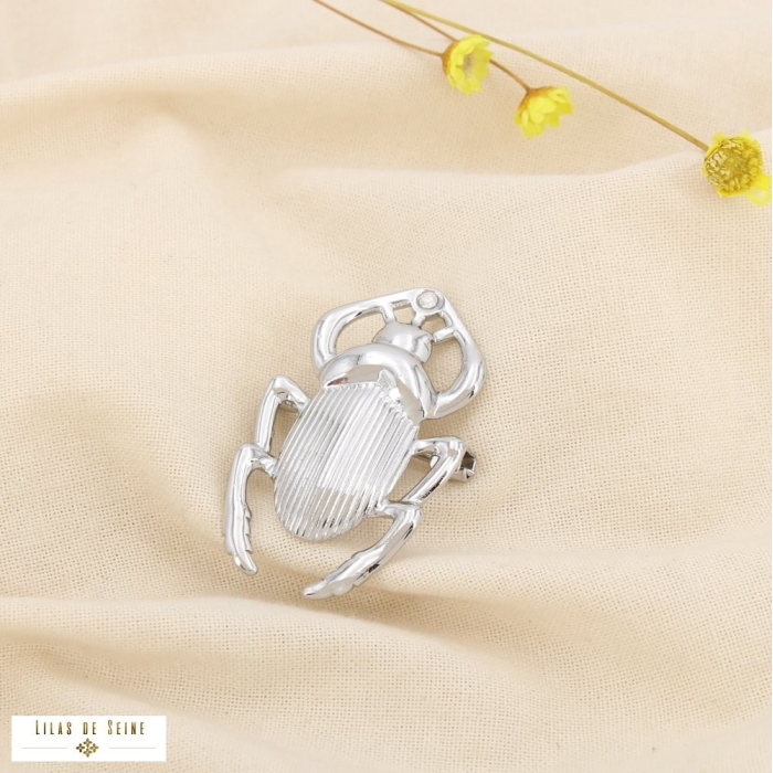 Broche épingle acier inoxydable strass scarabée 0525515 argenté