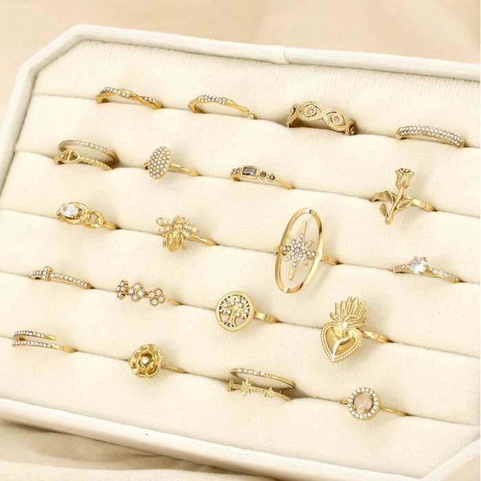 Ensemble 20 bagues acier ajustable doré strass 0425556 doré