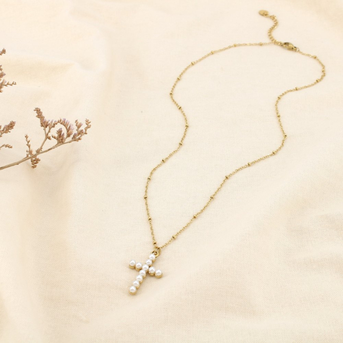 Collier acier inox pendentif croix perle acrylique 0125636 doré