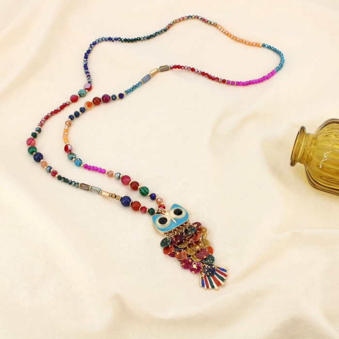 Sautoir perle cristal facettée pierre pendentif hibou métal 0124184 multi2