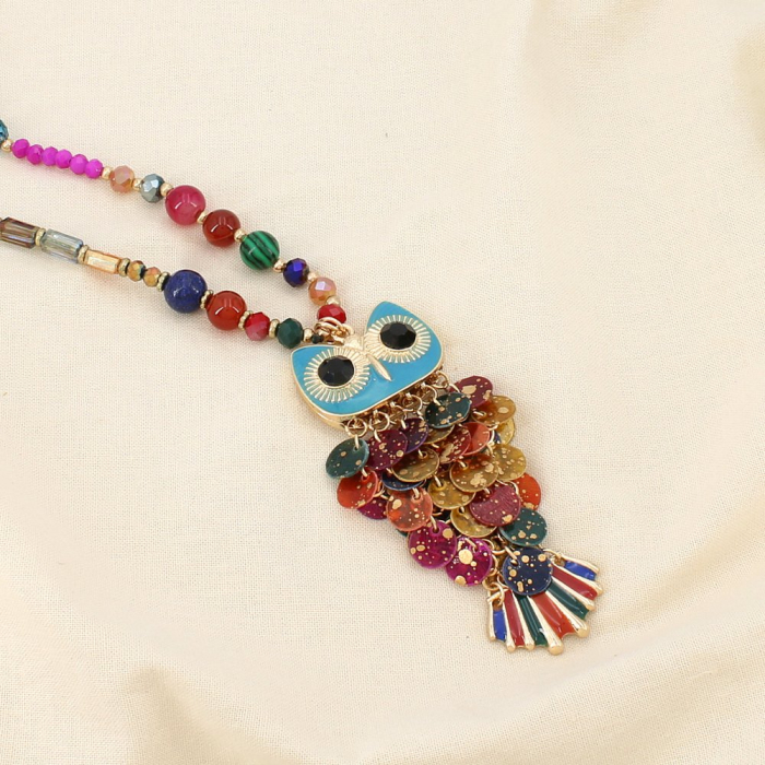 Sautoir perle cristal facettée pierre pendentif hibou métal 0124184 multi2