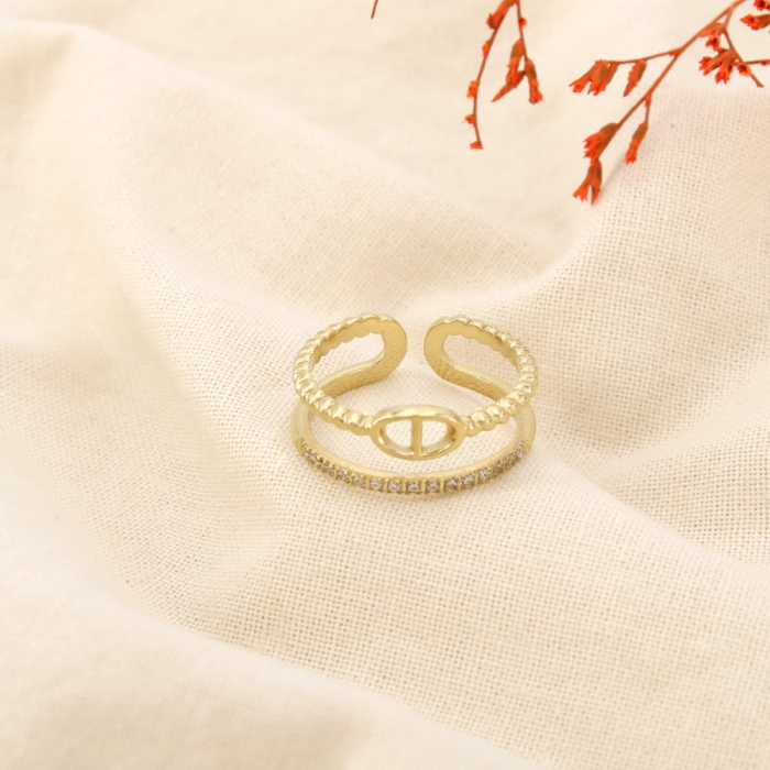Bague acier double-rangs ouvert strass maille marine 0425559 doré